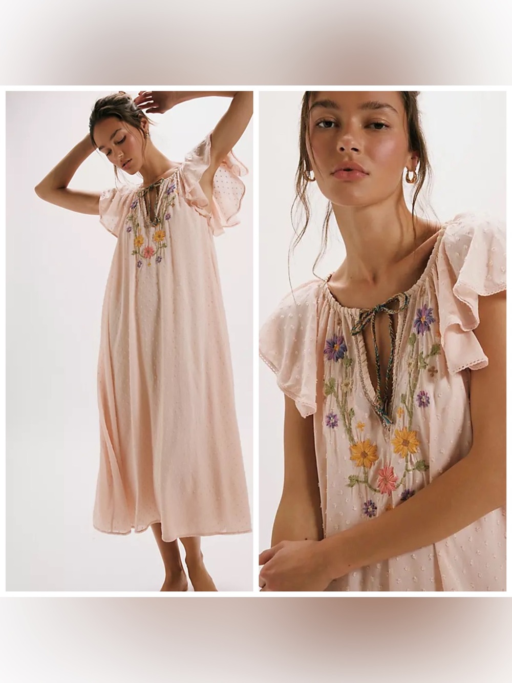Free People Savannah Rose Midi Dress Floral Embroidered Pink Large
